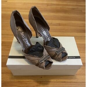 PEDRO GARCIA Heels Swarovski Crystal Brown Satin Raw Hem High Heel 38.8 (8)